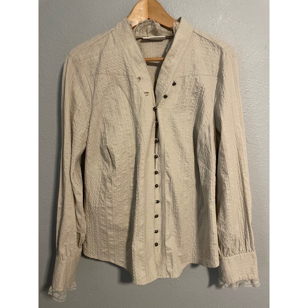 Coldwater Creek Top Womens 1X Beige Lace Trim Button Up Long Sleeve Textured